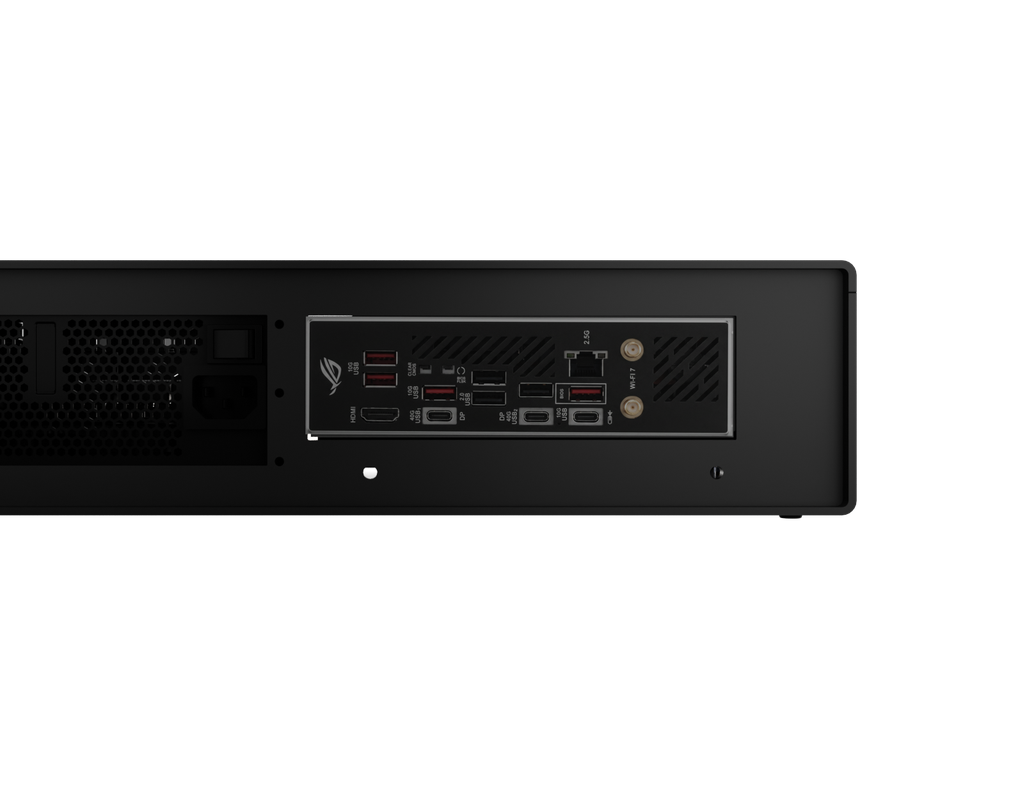 Panther DMX lighting workstation, rear I/O panel: AC inlet and switch on the left, motherboard block with USB, 2.5 GbE, HDMI, USB4 and WiFi 7 antennas on the right